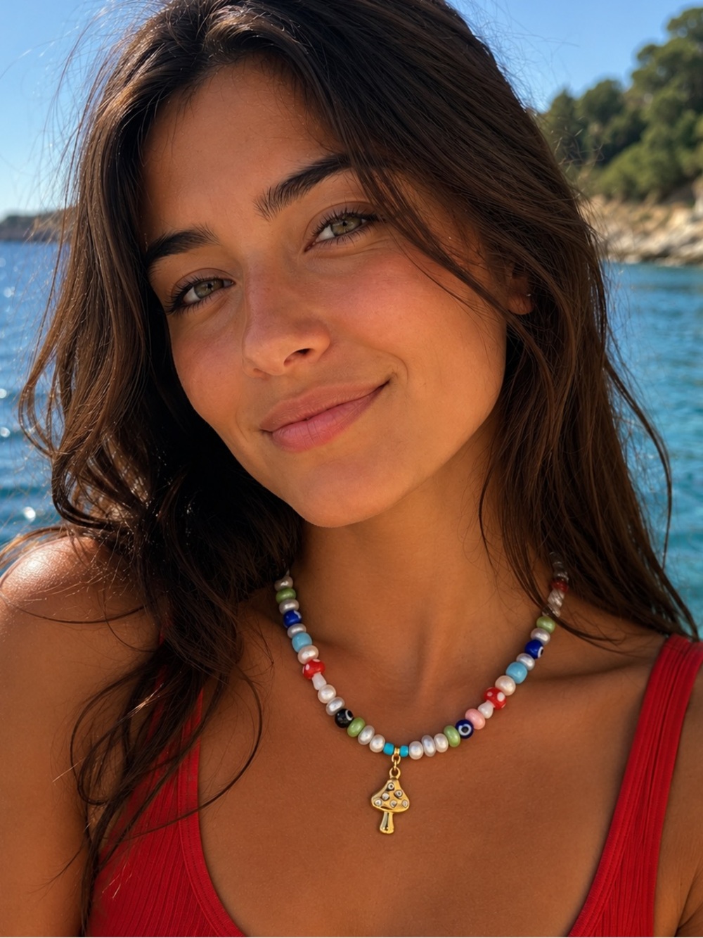Gold Mushroom Charm Multicolor Beaded Necklace by